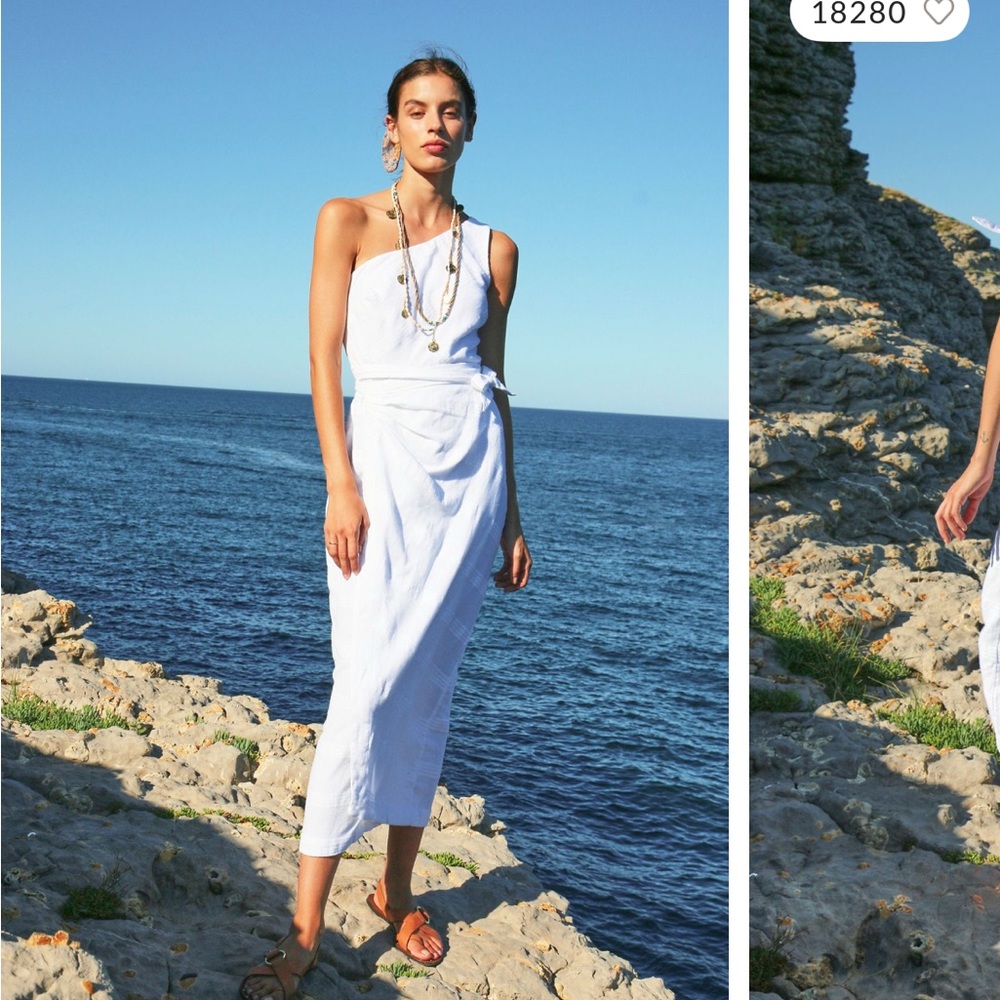 Free People At Leisure Midi Linen White One-Shoulder Dress
